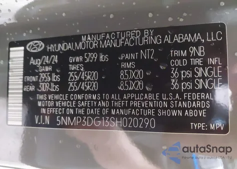 2025 Hyundai Santa Fe Hybrid Limited z USA, uszkodzony, nr VIN 5NMP3DG13SH020290